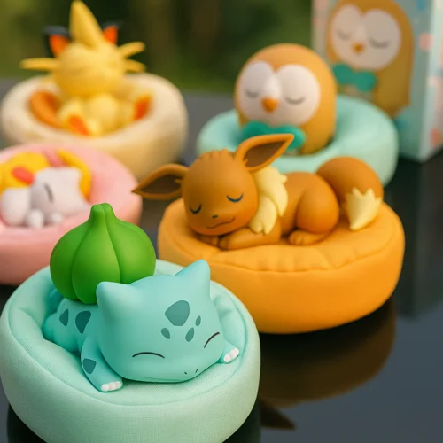 Figuras Pokémon durmiendo en su cojín